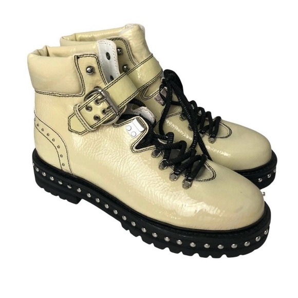 LOLA CRUZ PATENT LEATHER OFF WHITE IVORY MOTO ANKLE BOOT - Picture 1 of 5